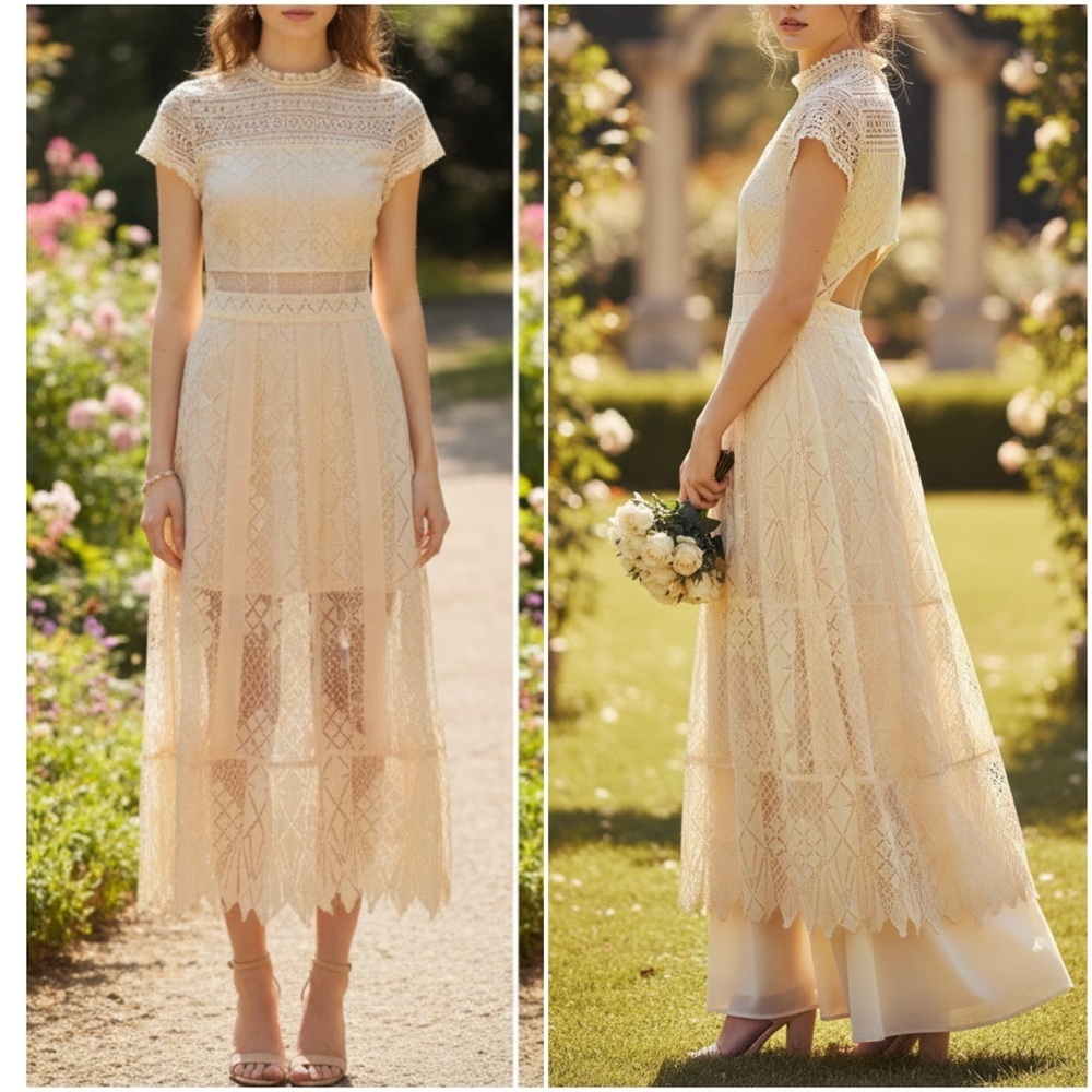 Foxiedox Calla Cream Lace Mock Neck Midi Dress